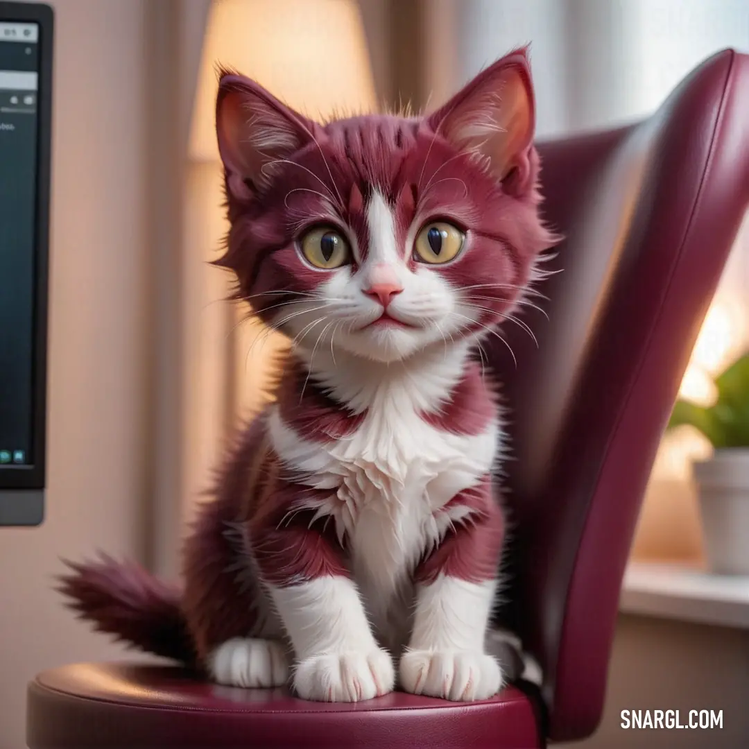 Cat on a chair with a computer monitor in the background and a plant in the foreground
