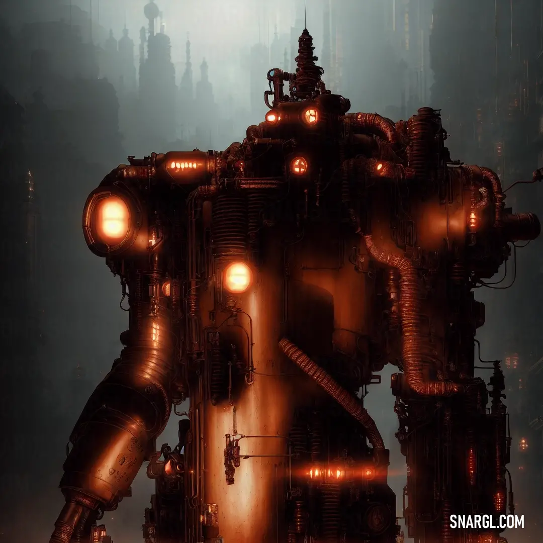 Giant robot with glowing lights in a dark city environment with fog and smoke surrounding it