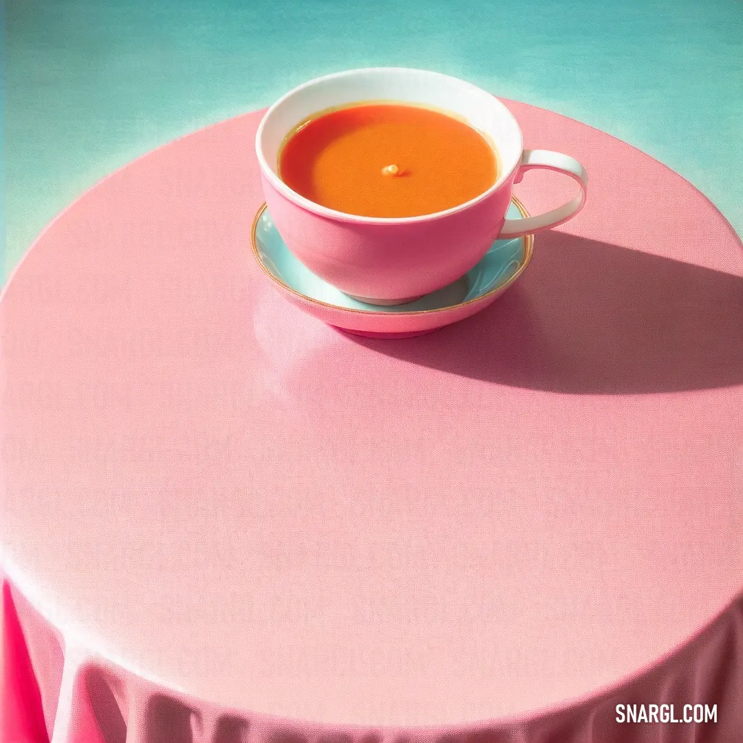 Cup of soup on a pink tablecloth with a blue background