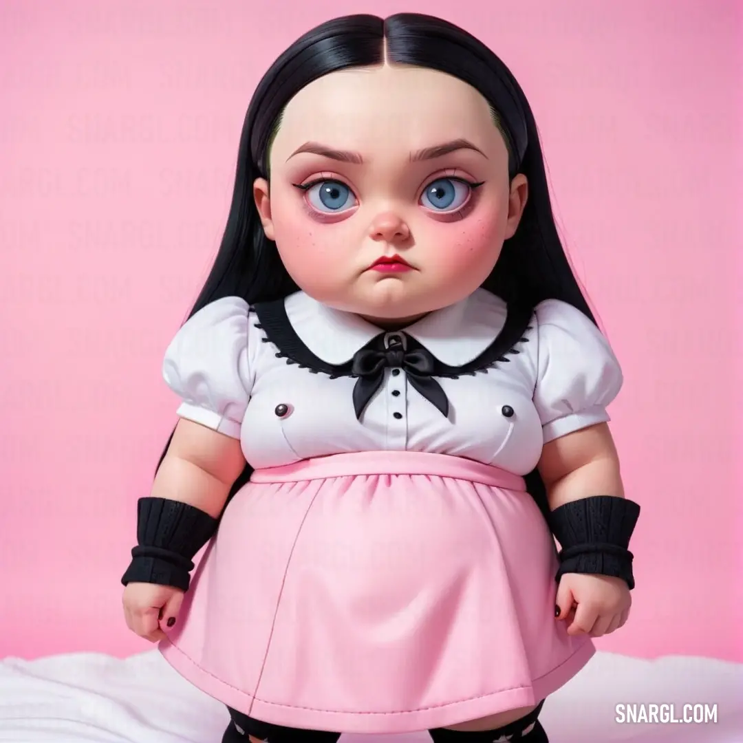 Doll with a black hair and blue eyes wearing a pink dress and black stockings and black shoes
