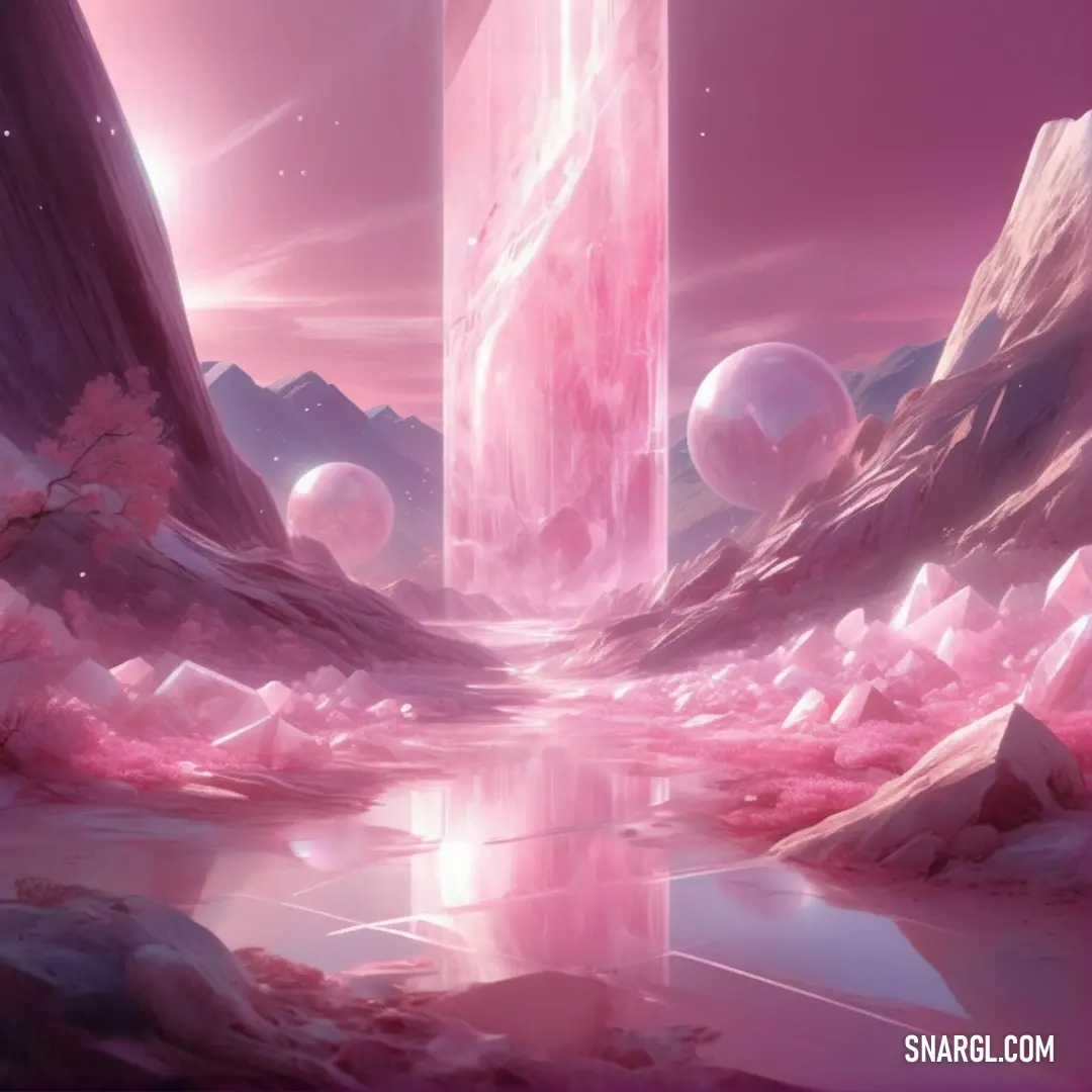 Futuristic landscape with a pink tower and a river in the middle of it