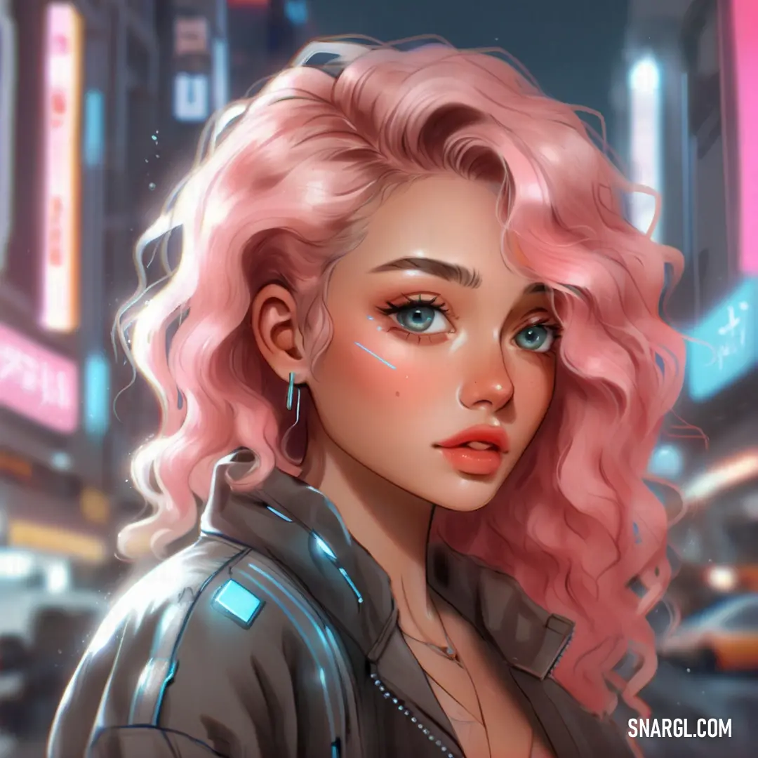 Girl with pink hair and a black jacket on a city street at night with neon lights