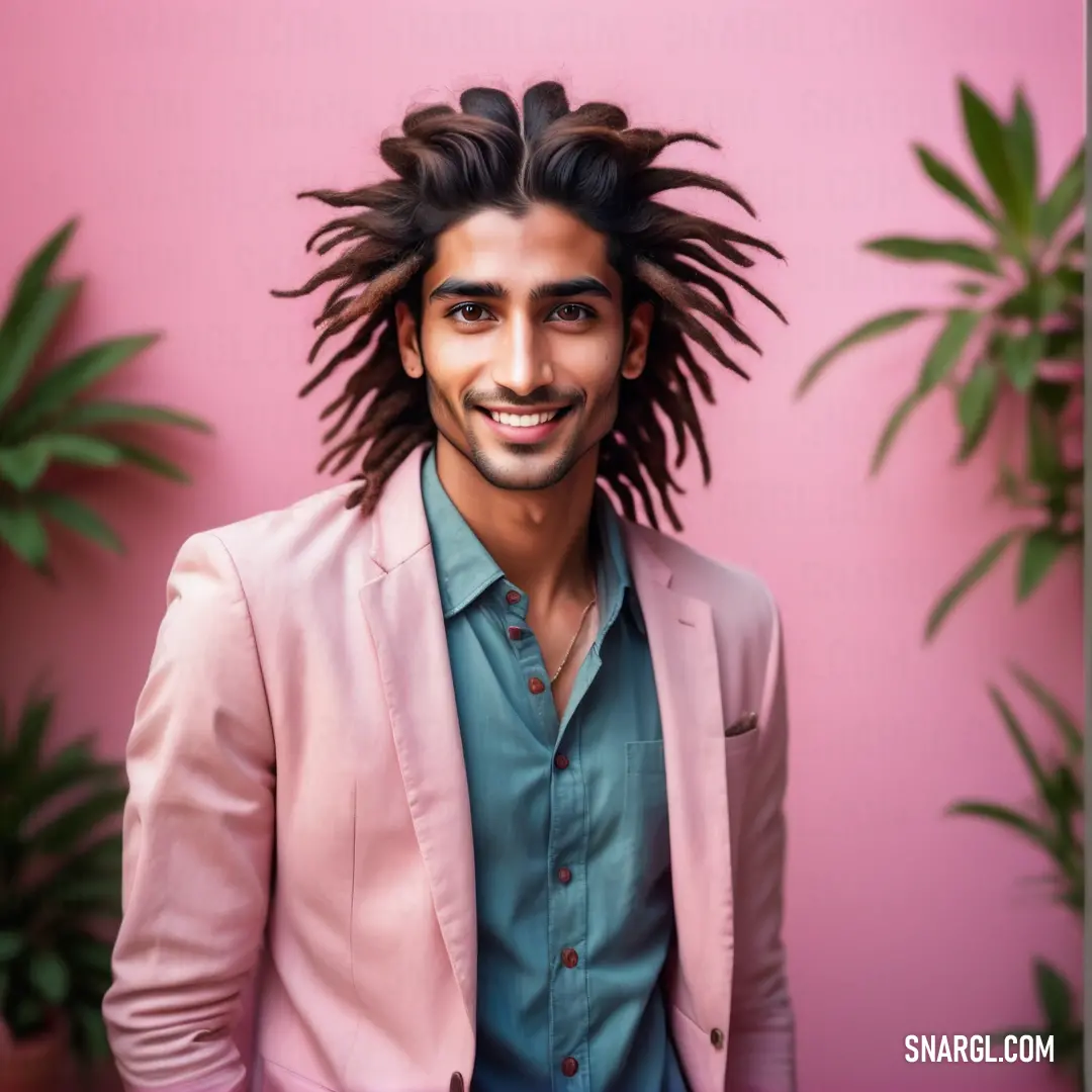 Man with dreadlocks standing in front of a pink wall with a plant behind him