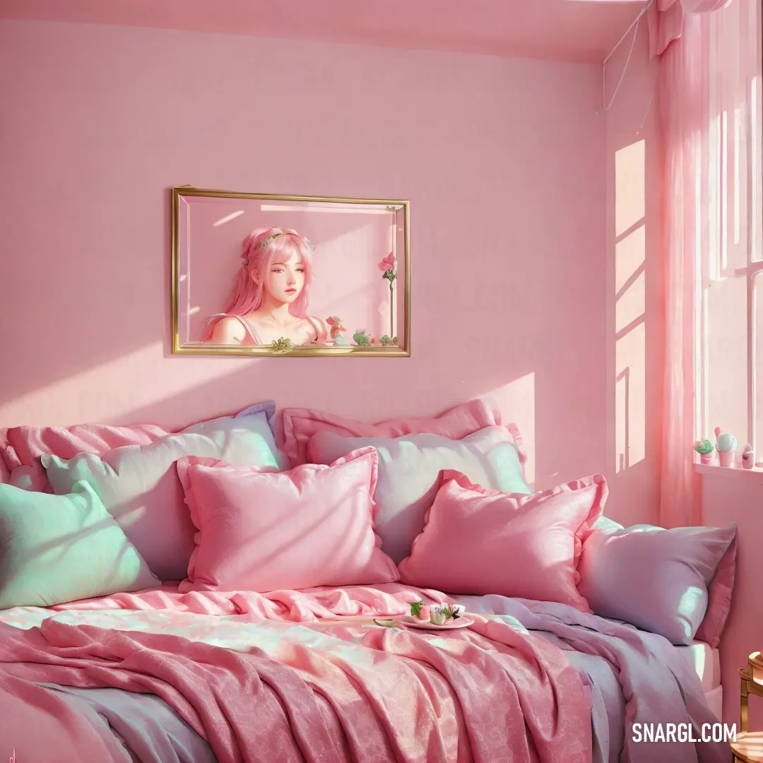 Pink bedroom with a picture of a woman on the wall and a pink bed with pink sheets and pillows