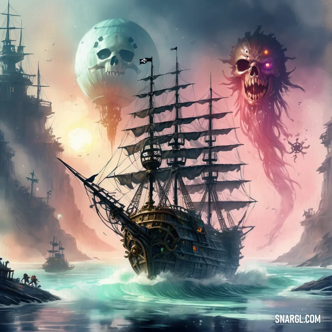 Pirate ship with a skull on its head and a skull on its back in the water near a city