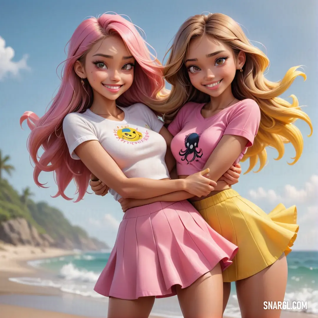 Two cartoon girls standing next to each other on a beach with a blue sky in the background and a beach with waves