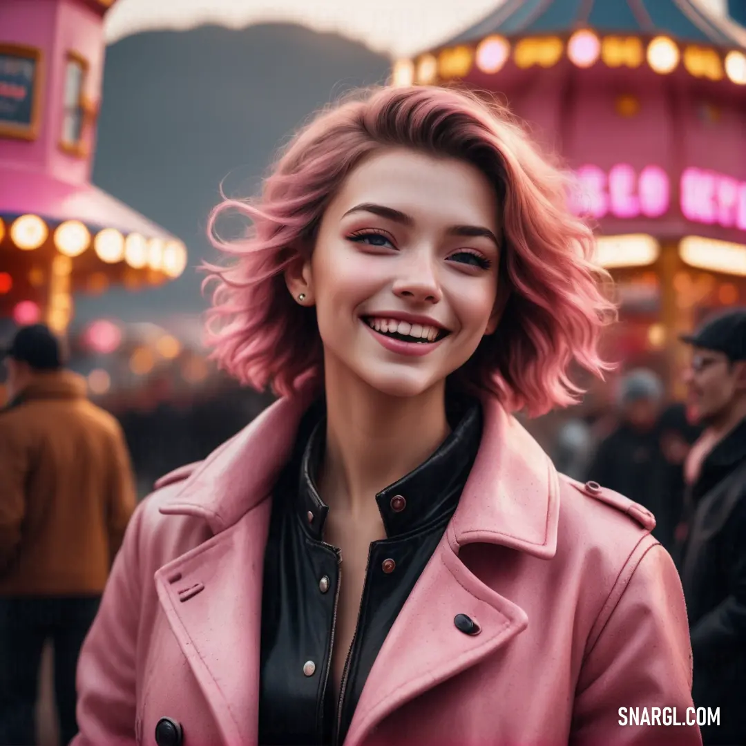 Woman with pink hair and a pink coat smiling at the camera with a carousel in the background