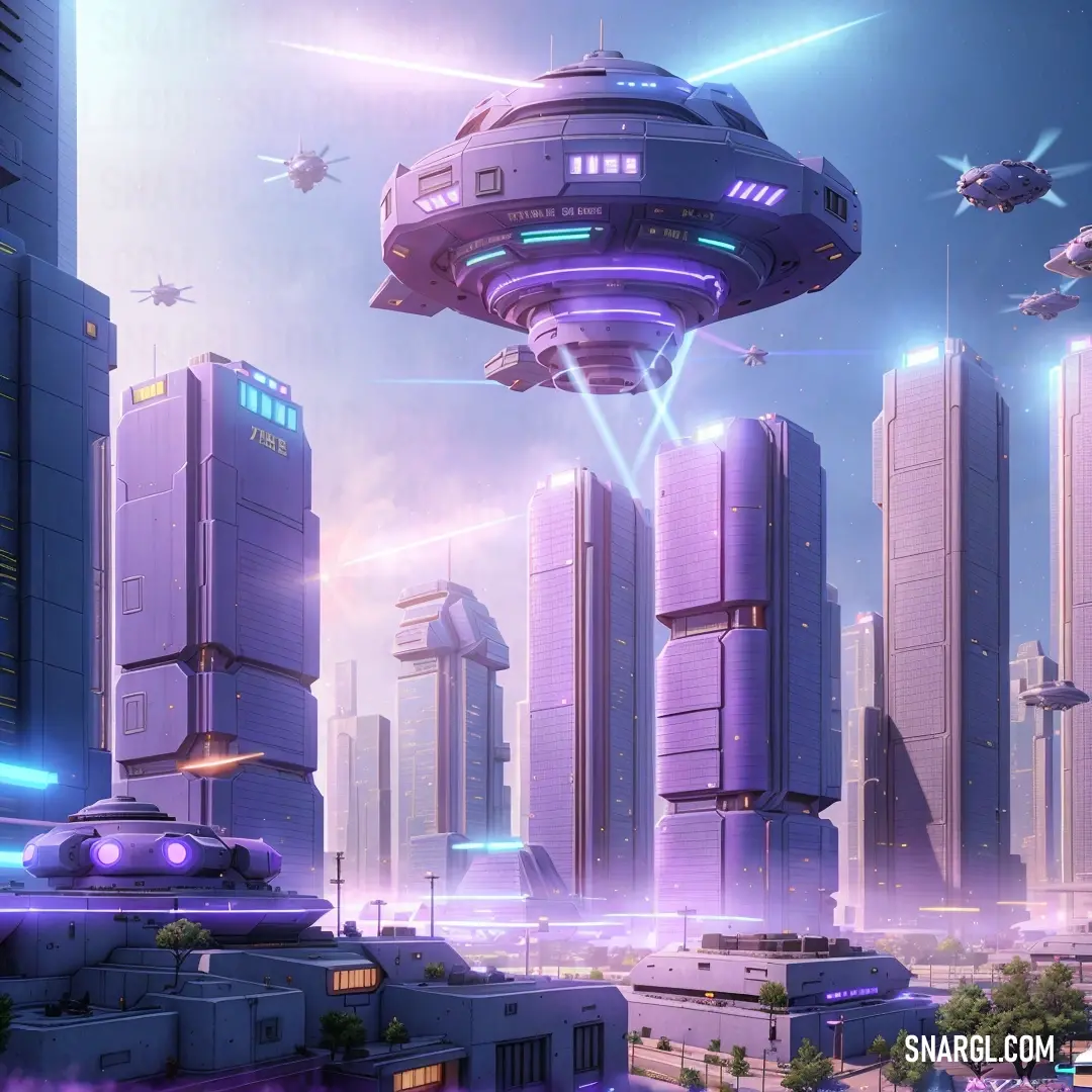Futuristic city with a futuristic flying saucer in the sky