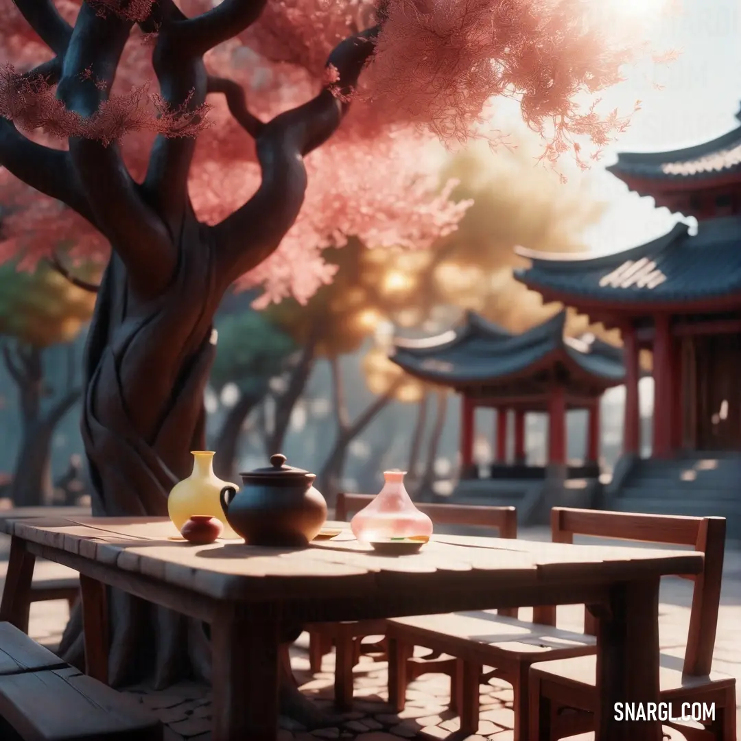 PANTONE 1895 color example: Table with a vase and a tea pot on it in front of a tree with pink blossoms in the background