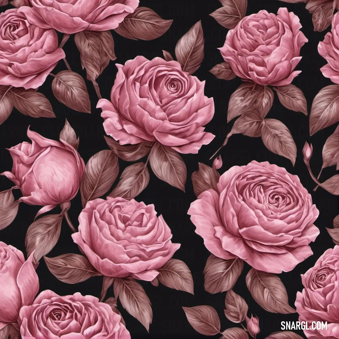 Bunch of pink roses on a black background with leaves and stems in a pattern