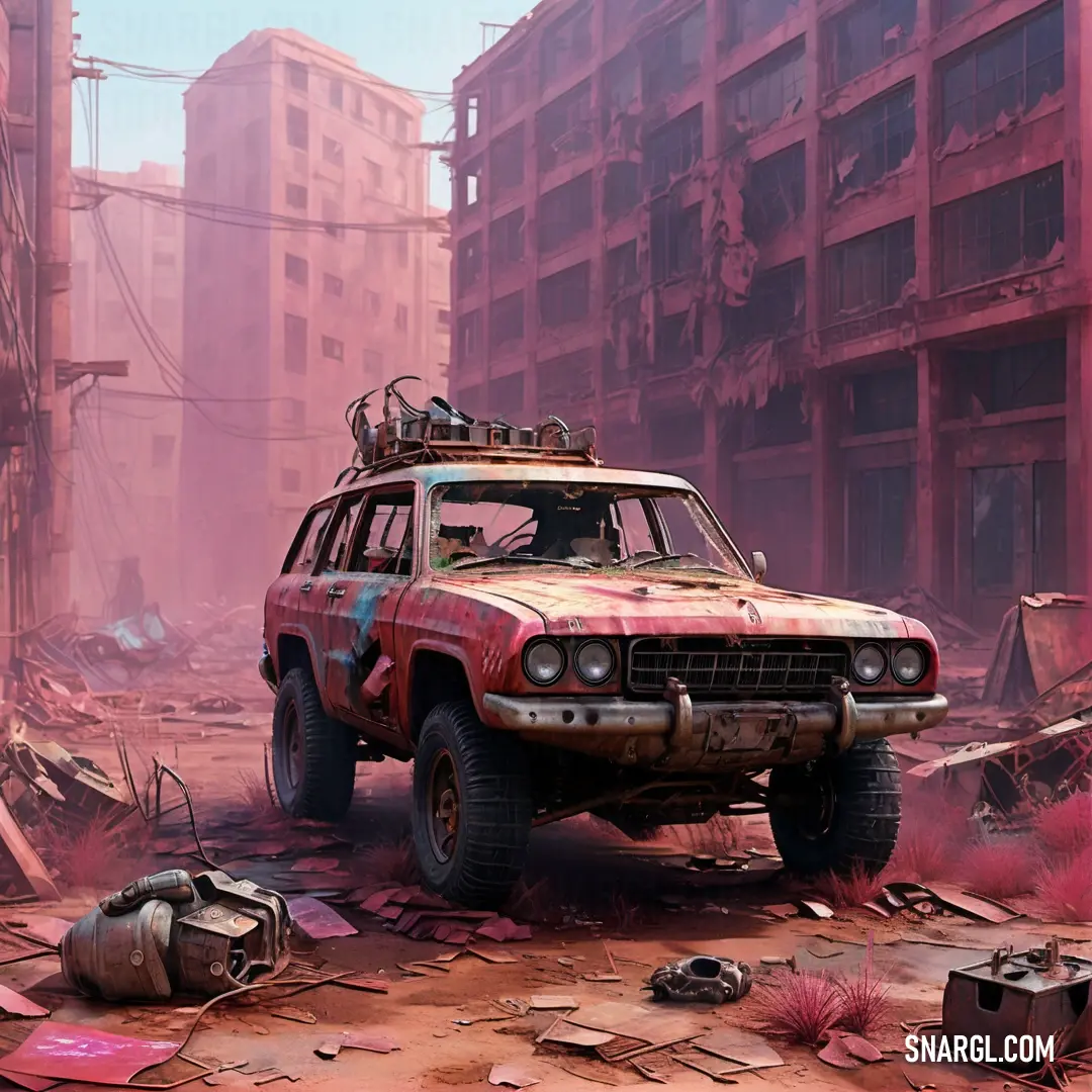 Car with a bunch of things on top of it in a dirty city street with buildings and debris. Example of PANTONE 190 color.