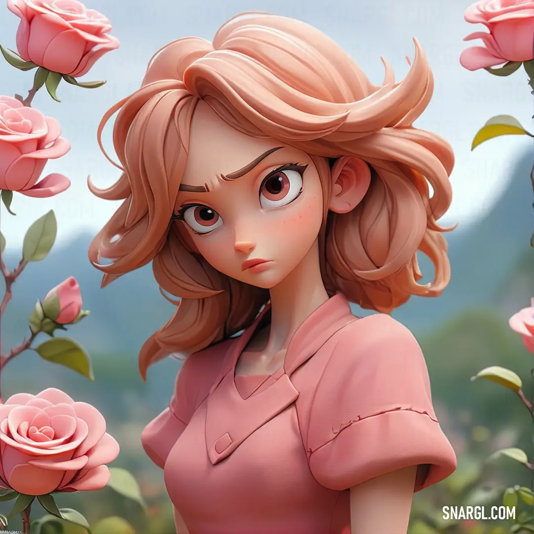 Cartoon girl with blonde hair and a pink shirt standing in a field of roses