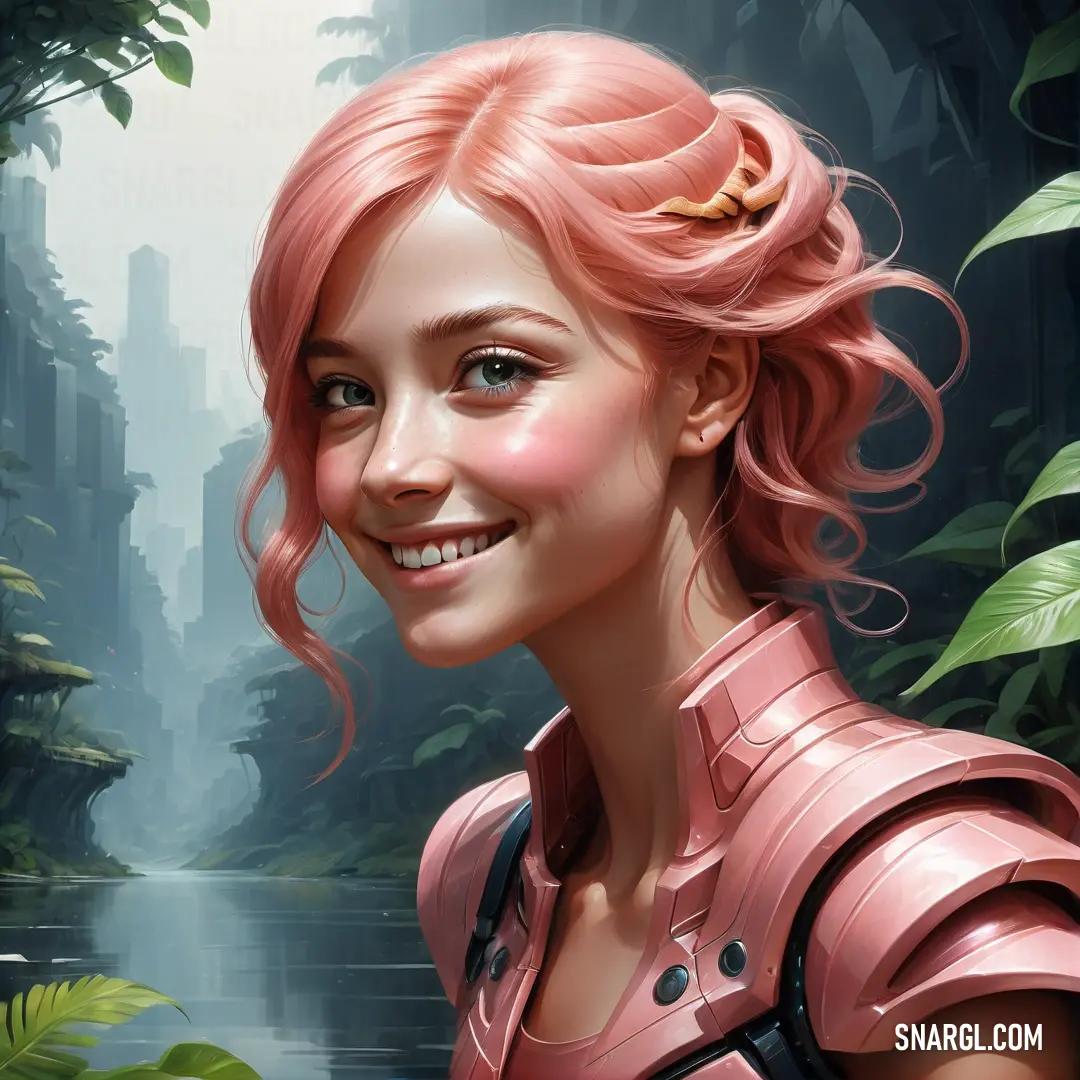Digital painting of a woman in a pink dress smiling at the camera with a forest in the background. Example of RGB 229,143,158 color.