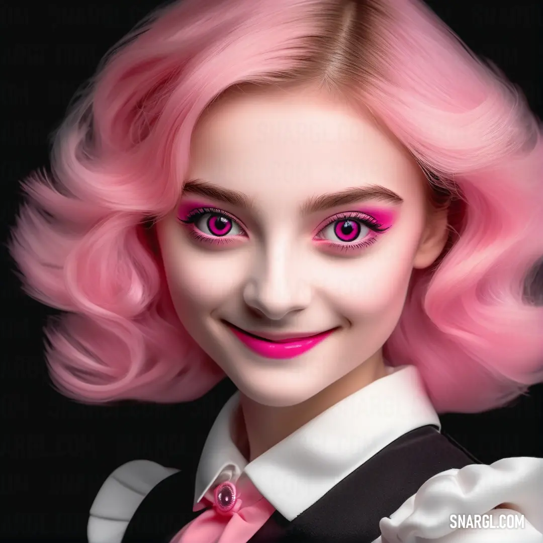 Digital painting of a woman with pink hair and pink eyes and a pink tie and white shirt