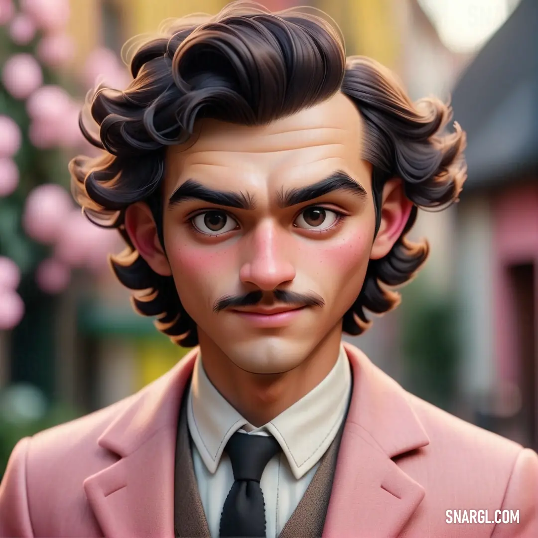 PANTONE 190 color. Man with a mustache and a suit on and a pink jacket on
