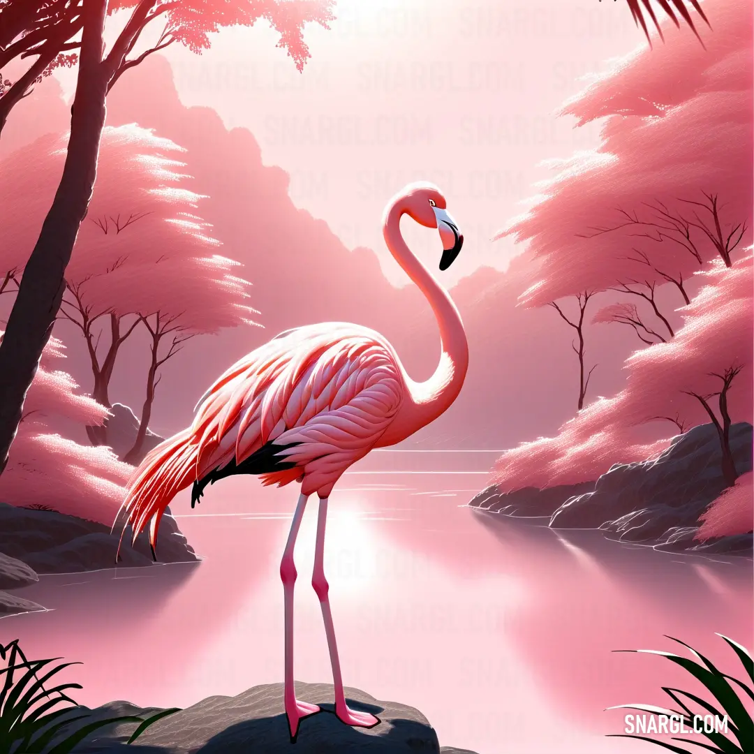 Pink flamingo standing on a rock near a lake with trees and a pink sky in the background