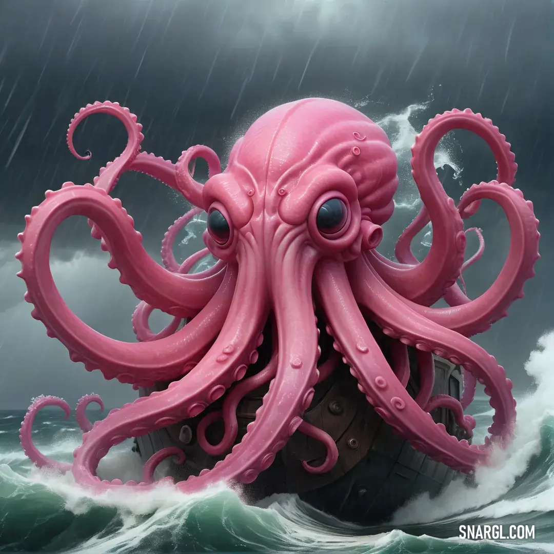 Pink octopus is floating in the ocean on a ship in the storm clouds and water with a black boat