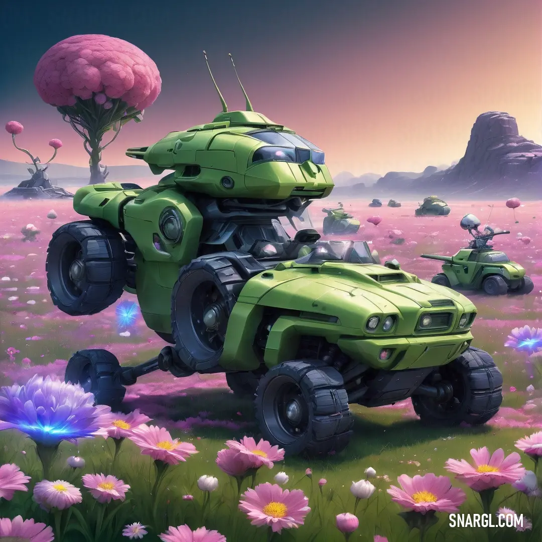 Green vehicle with a pink flower in the background