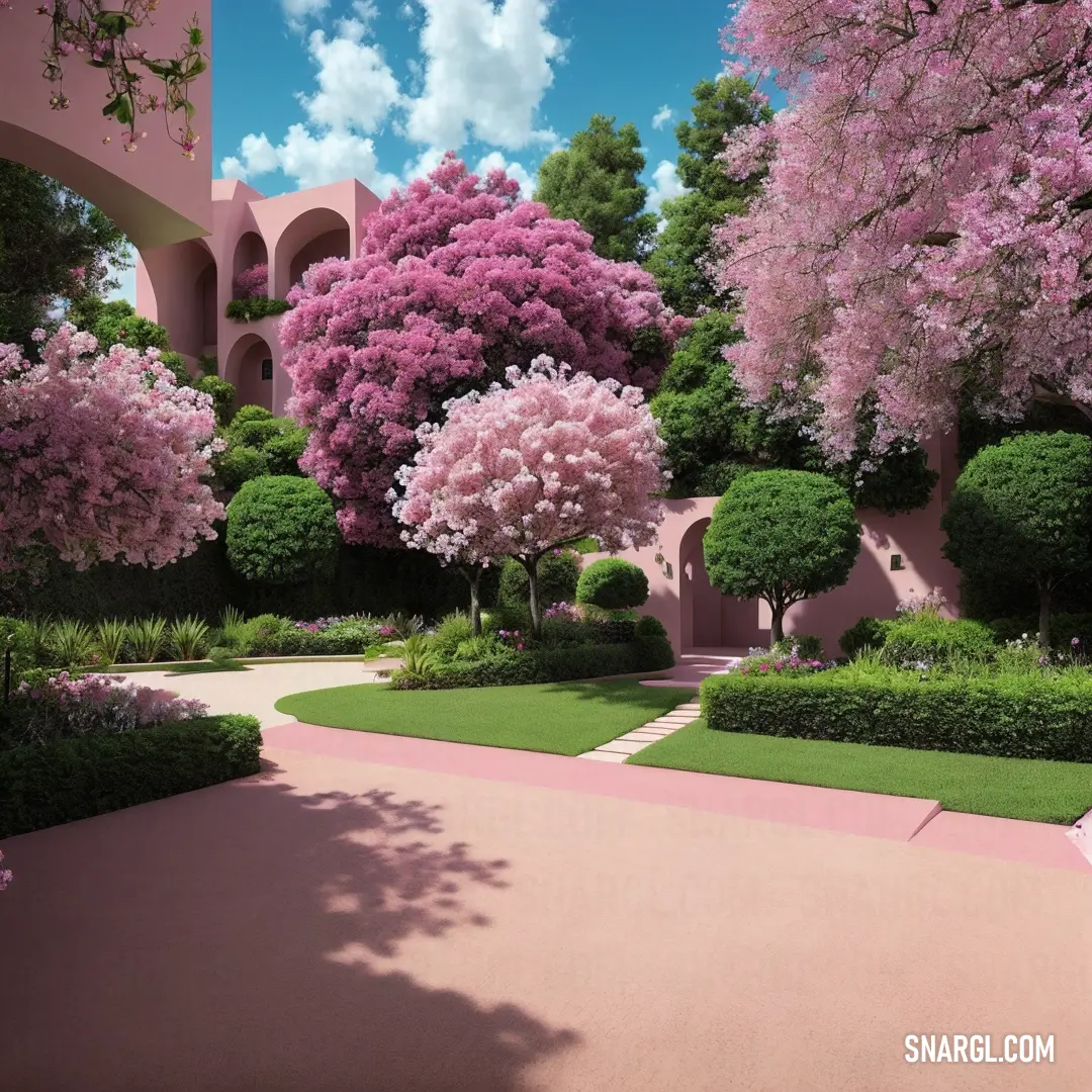 Pink building with a garden of trees and bushes in front of it and a walkway leading to the entrance. Example of #E8A4B8 color.