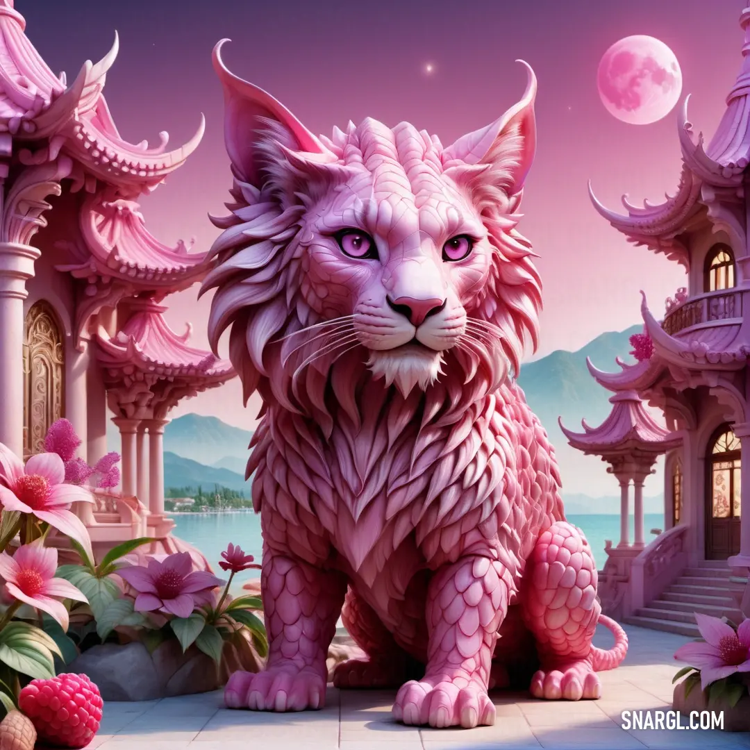 Pink cat on a tile floor next to a building and flowers with a moon in the background. Example of PANTONE 1905 color.
