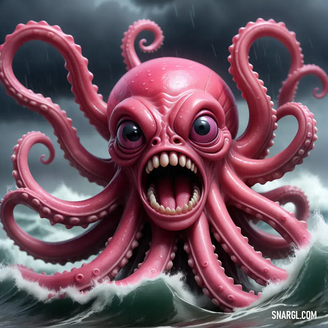 Pink octopus with a big mouth and big teeth in the water with a stormy sky behind it and a dark cloud