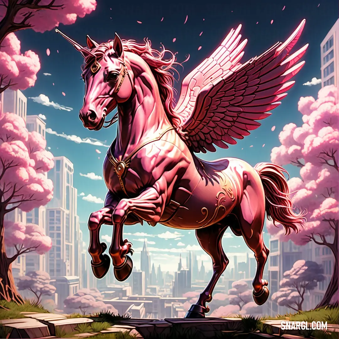 Pink unicorn with wings is standing in a park with pink trees and buildings in the background and a blue sky