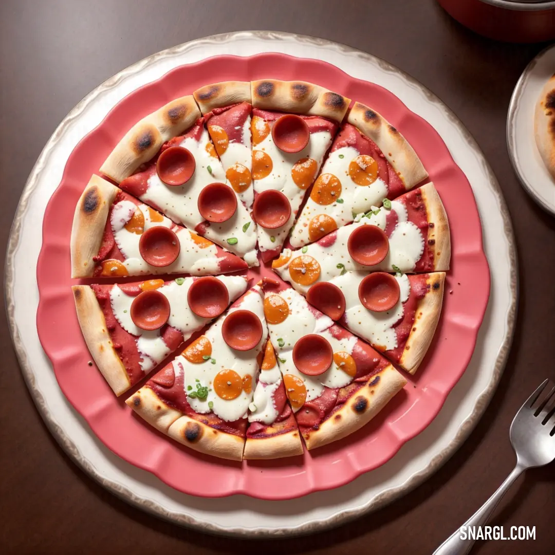 Pizza with pepperoni and cheese on a pink plate with a fork and knife on a table with a plate of pizza