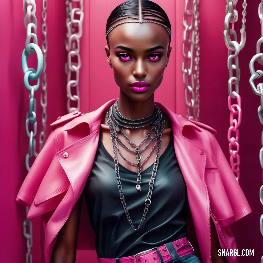 Woman with a pink jacket and a pink belt is standing in front of a pink wall with chains
