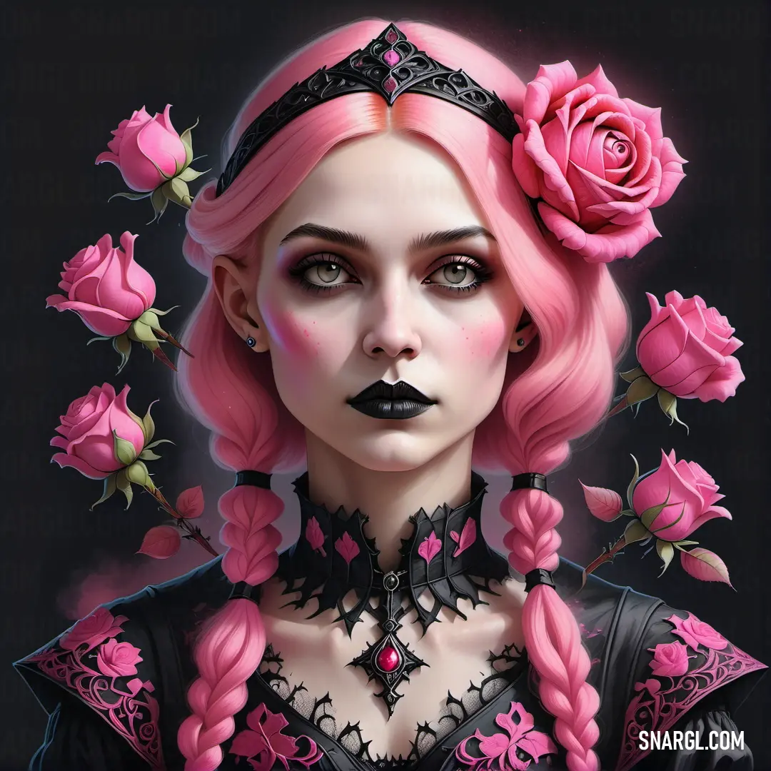 Woman with pink hair and black makeup wearing a tiara and a rose in her hair