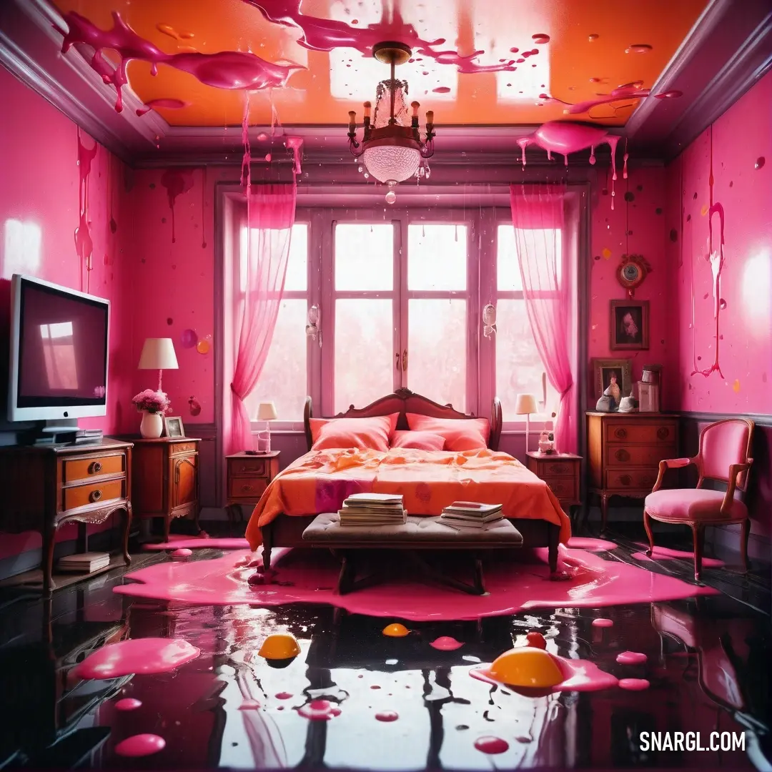 Bedroom with a pink ceiling and a bed with a red comforter and a pink rug on the floor. Example of PANTONE 1915 color.