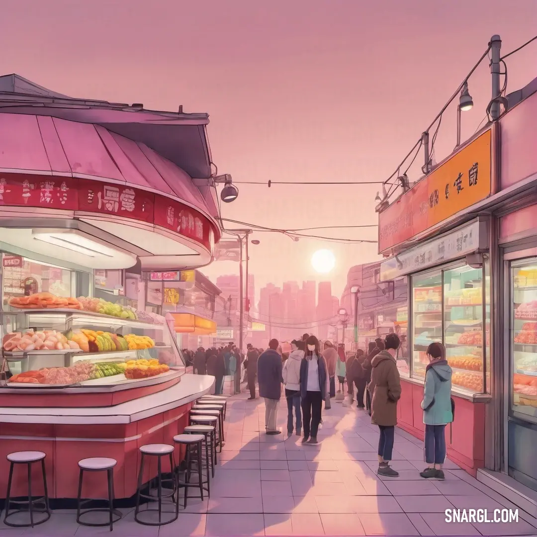 Group of people walking down a sidewalk next to a store filled with donuts and other foods and drinks. Example of PANTONE 1915 color.