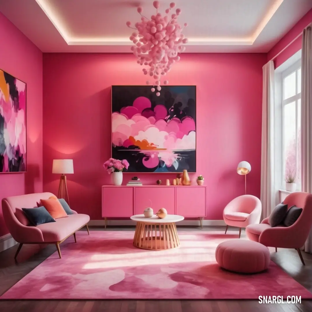 Living room with pink walls and furniture and a chandelier hanging from the ceiling and a painting on the wall
