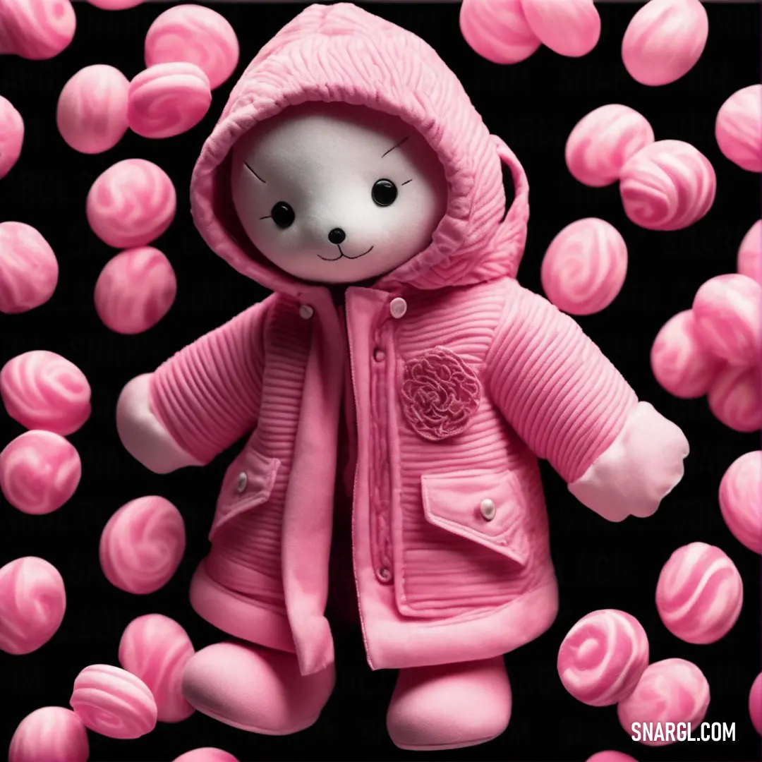 PANTONE 1915 color. Pink teddy bear in a pink coat surrounded by pink balls of candy on a black background