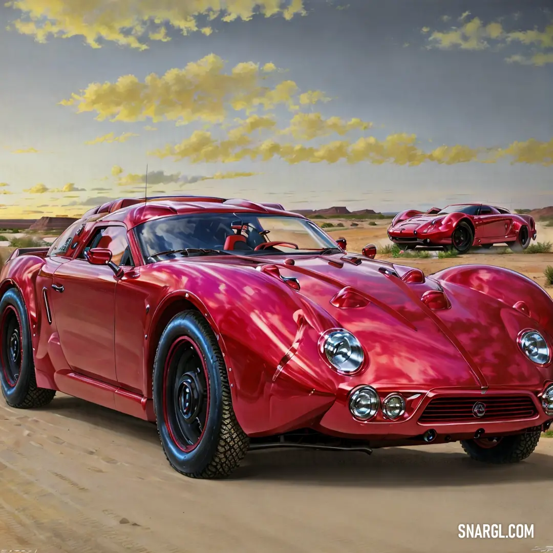 Red sports car is driving down a dirt road in the desert with another car in the background. Example of PANTONE 1915 color.