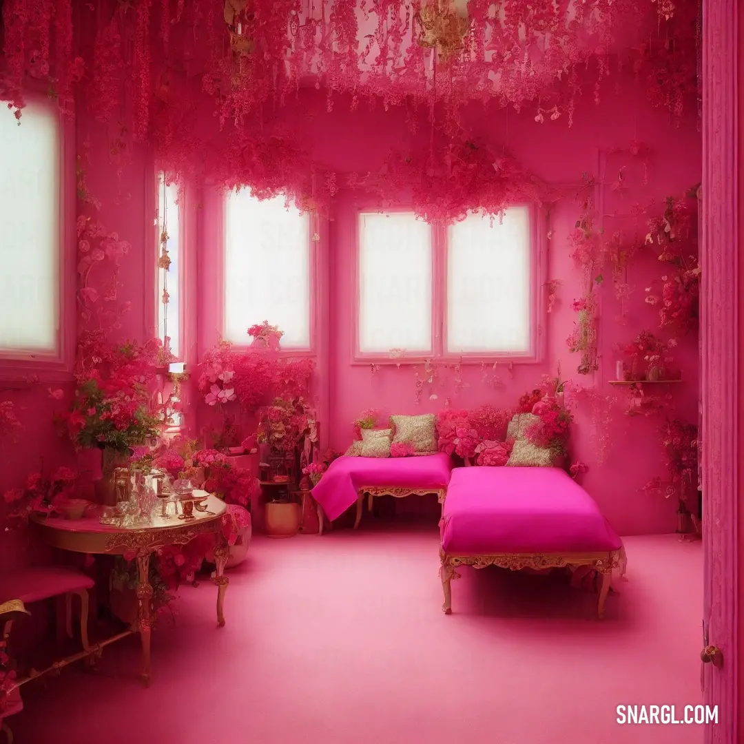 Pink room with a bed and a table and chairs and a pink wall with flowers on it