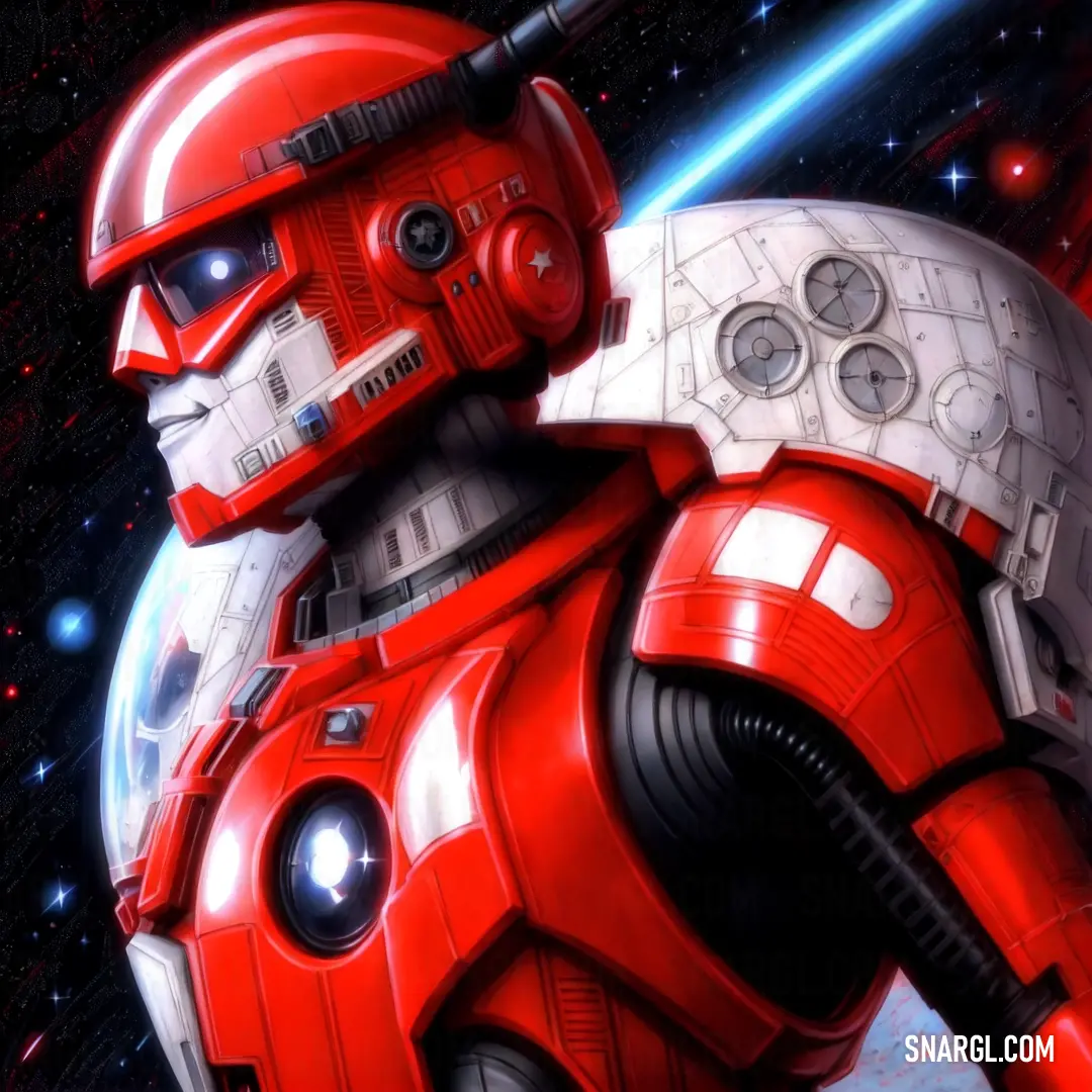 Red robot with a helmet on in space with a planet in the background and stars in the sky