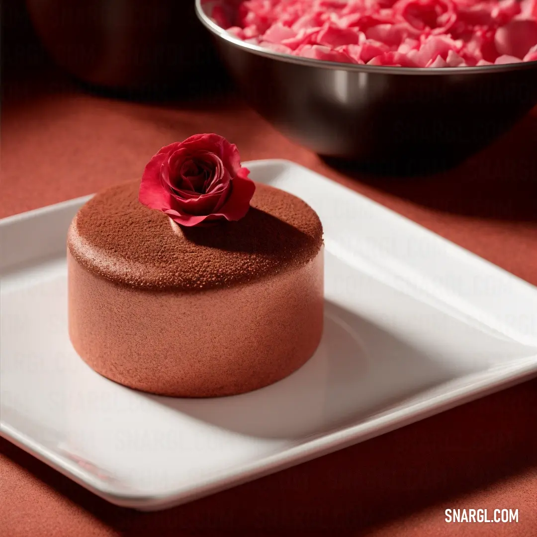 PANTONE 1925 color. Chocolate cake with a rose on top on a plate next to a bowl of pink flowers on a table