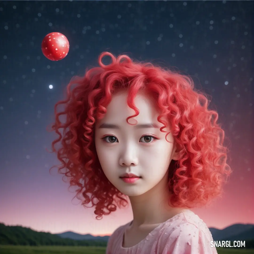 Girl with red hair and a red apple in the air above her head. Color #C32E4C.