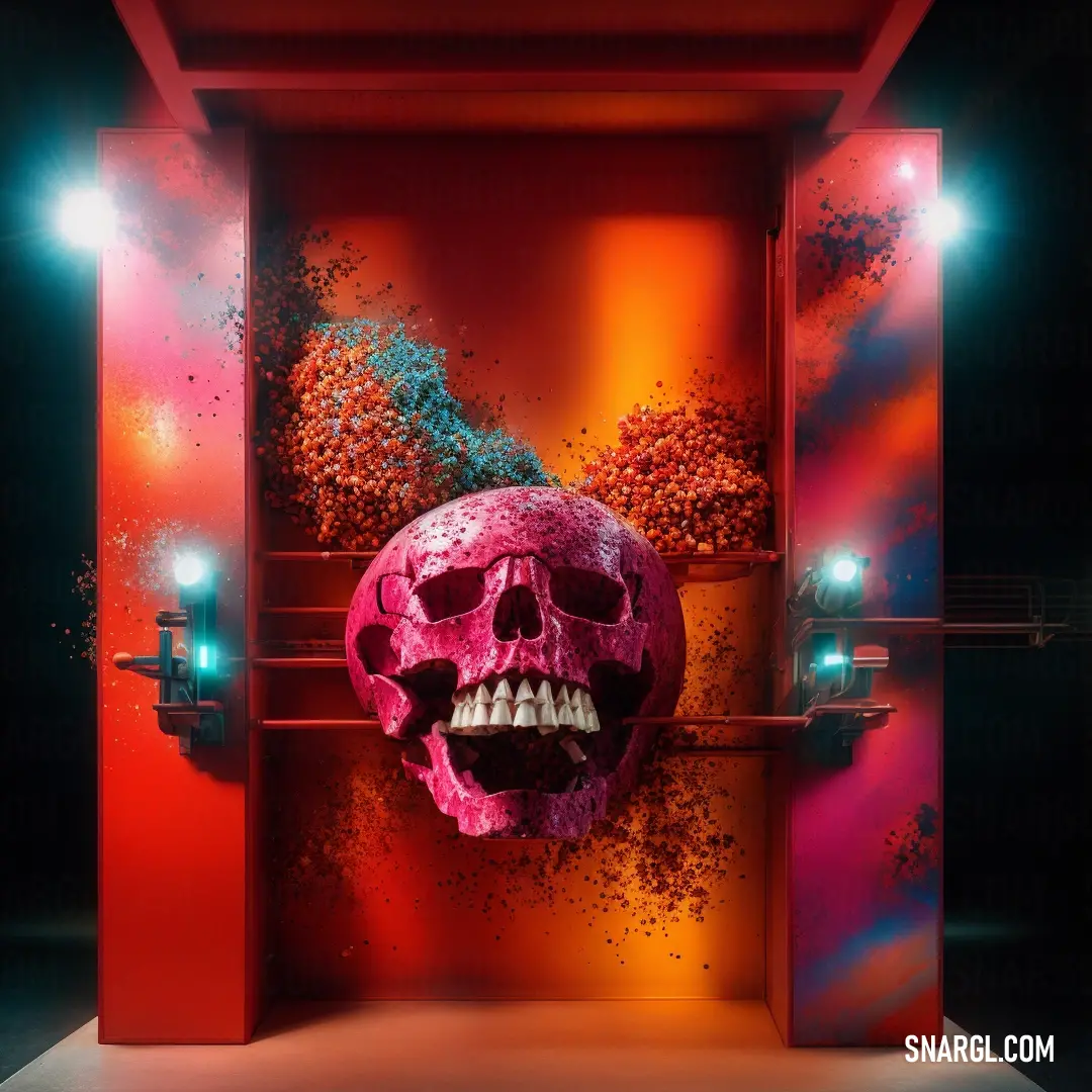 Pink skull in a red room with a red wall and a red door with a red light behind it