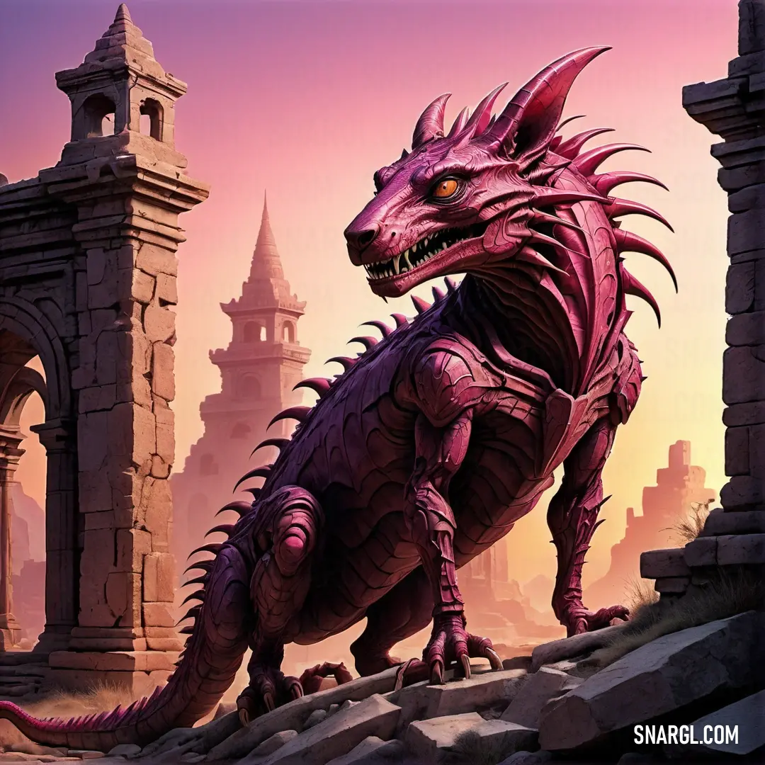PANTONE 193 color example: Purple dragon standing on a rock in front of a castle like structure with a clock tower in the background
