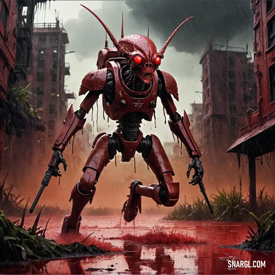 Robot with red eyes standing in a puddle of water in a city with buildings and a giant robot. Example of #C32E4C color.