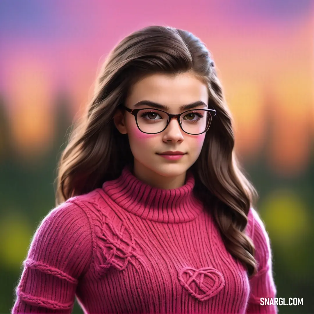 Woman wearing glasses and a pink sweater with a pink background and a sunset behind her. Example of #C32E4C color.