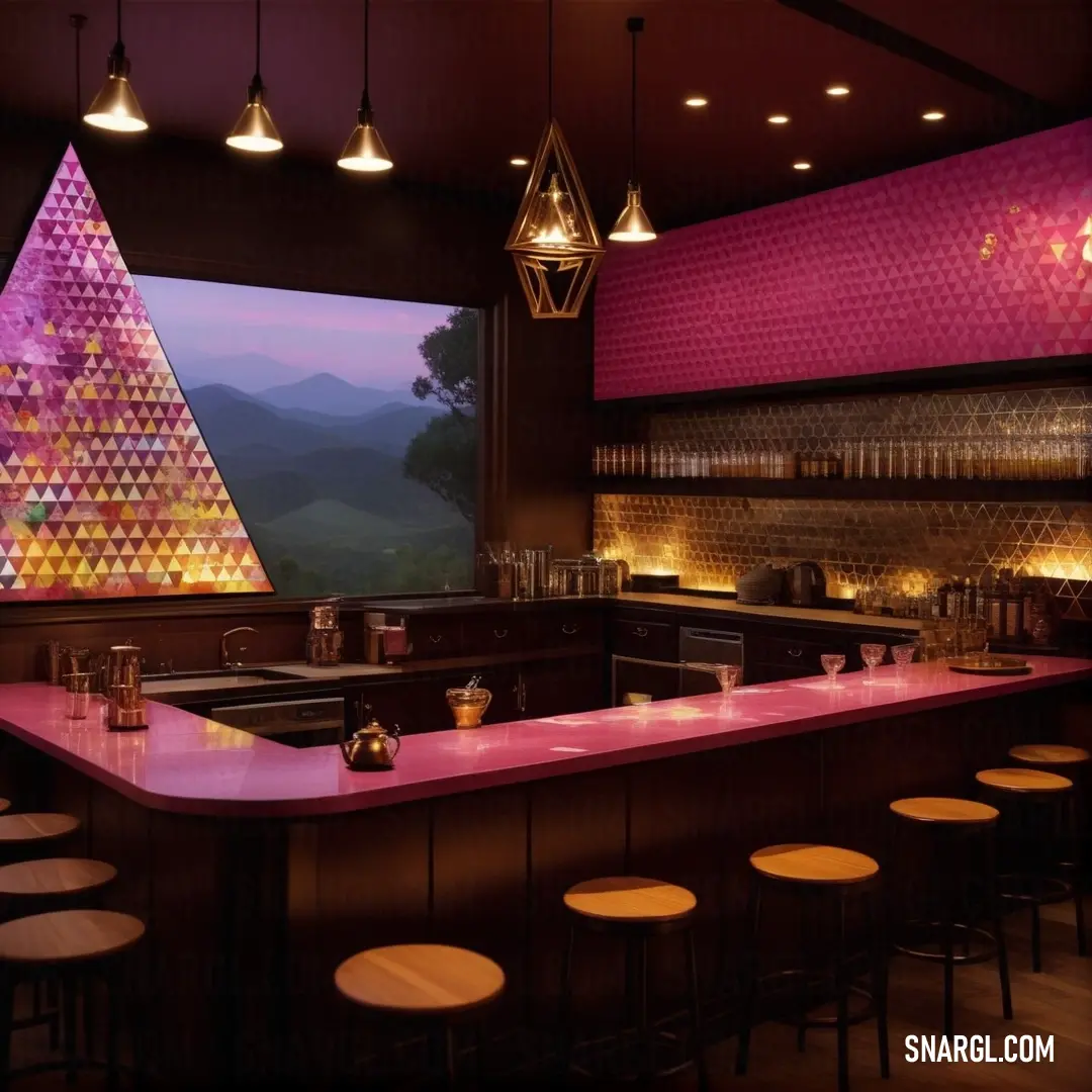 A stylish bar with a vibrant pink counter and large windows framing a breathtaking mountain view. The space feels open and inviting, blending modern design with natural beauty in a seamless, striking manner.