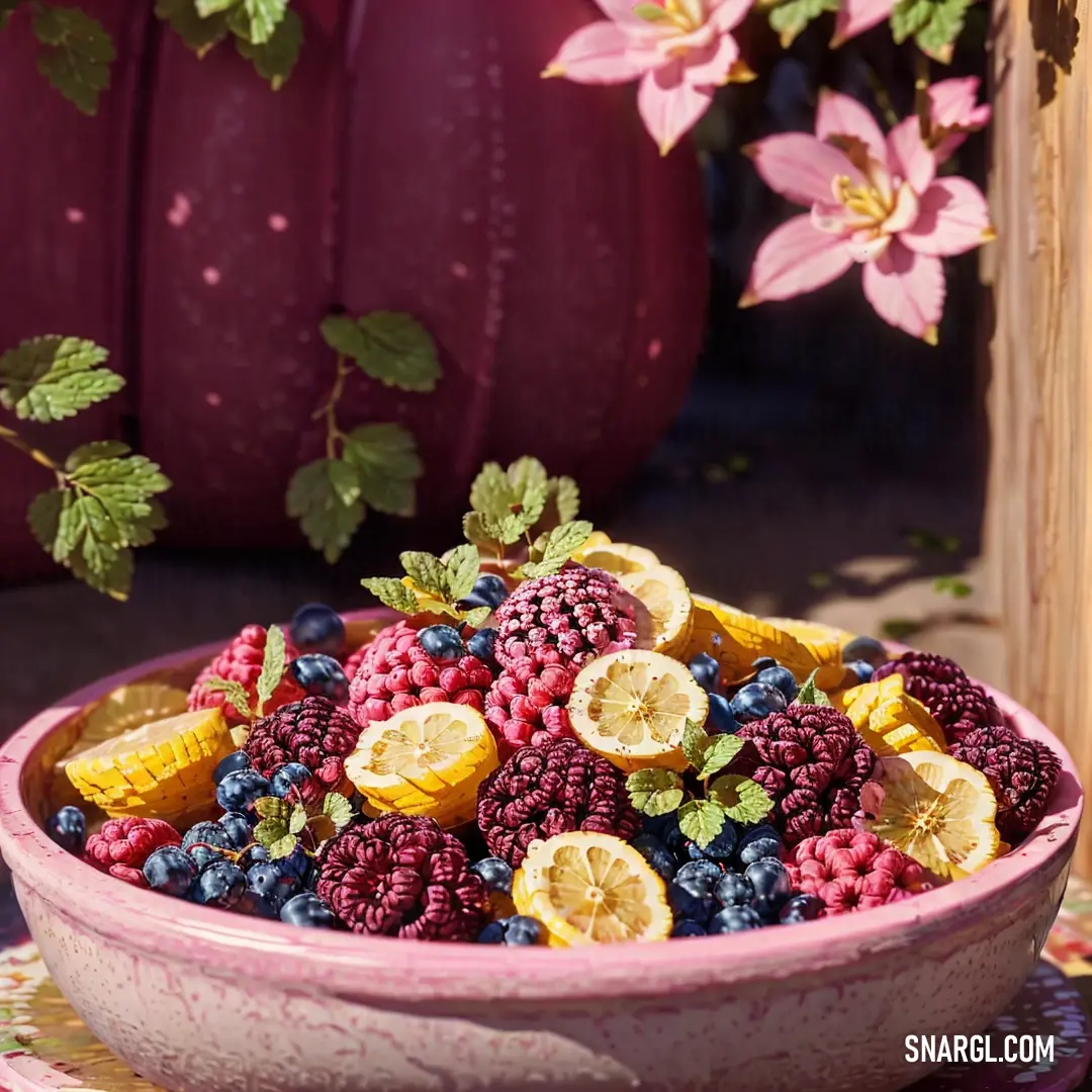 A bountiful bowl of fresh fruit sits atop a table, with pumpkins and colorful flowers in the background. The scene is rich with warm autumnal colors, making it feel inviting and full of seasonal charm.