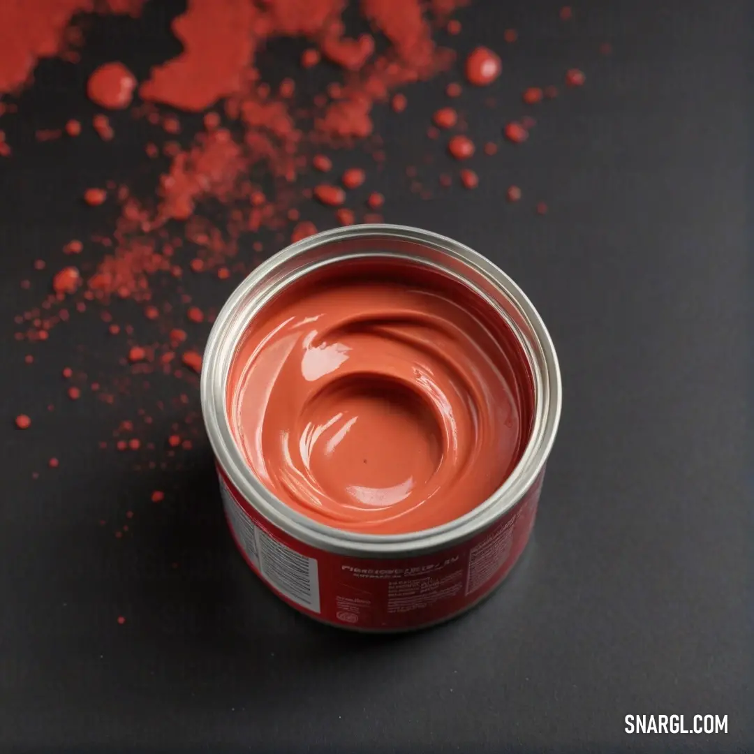 A vibrant can of red paint is showcased on a table, scattered with joyful splashes of red paint, embodying creativity in action. Its striking color draws attention, making it an exciting focal point for artistic exploration.