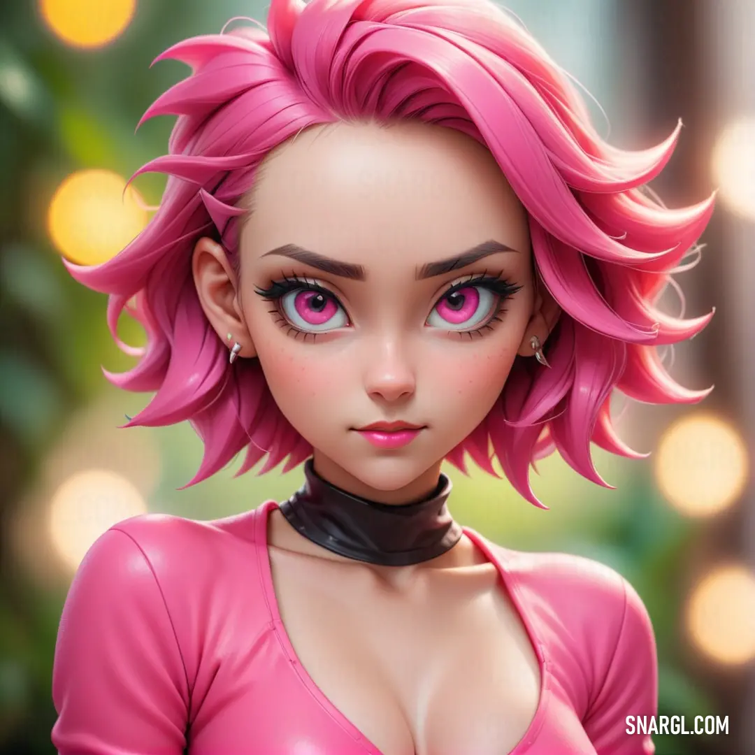 Cartoon girl with pink hair and a choker around her neck and a pink shirt on her chest. Color RGB 204,48,87.