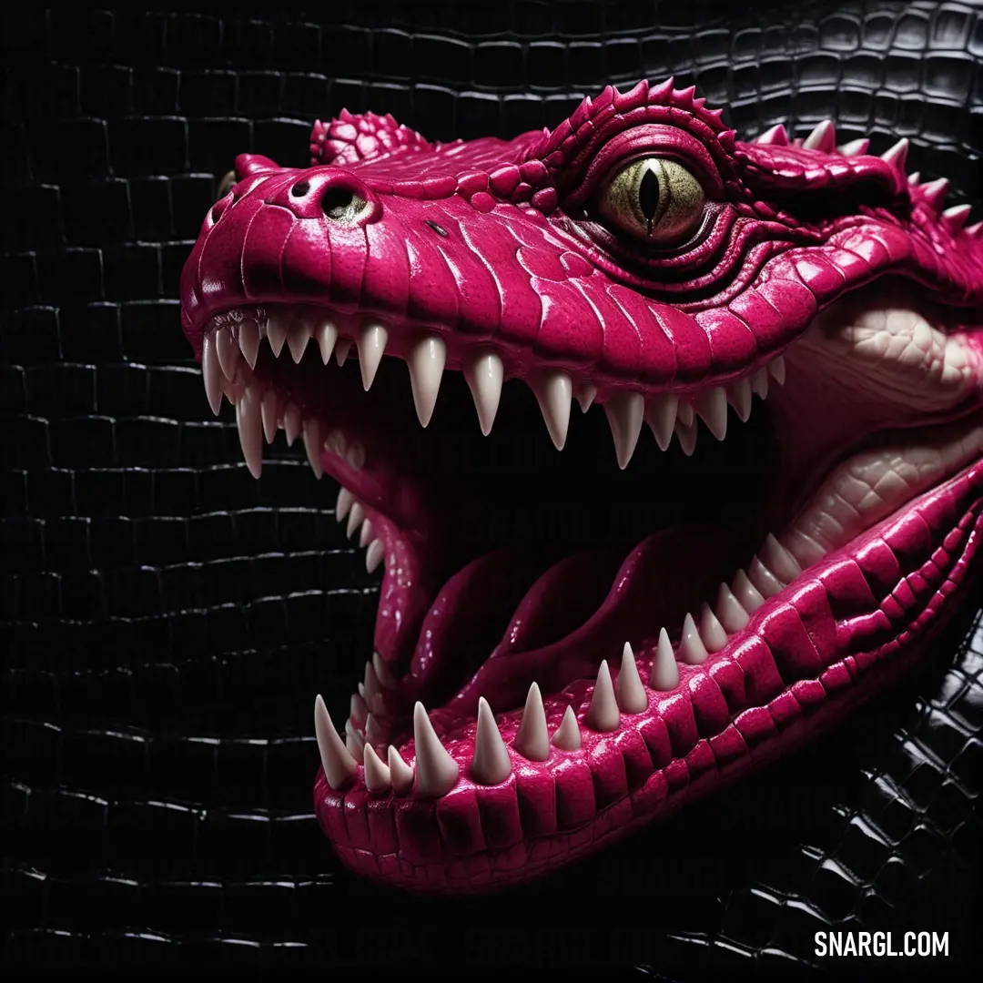 Close up of a fake alligator's head with sharp teeth and sharp teeth, with a black background. Example of RGB 204,48,87 color.