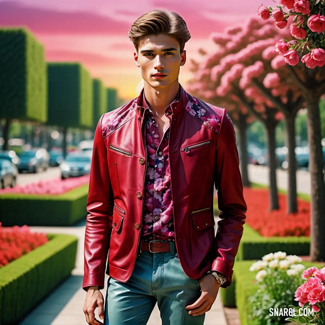 Man in a red jacket and blue pants standing in front of a flower garden with pink flowers and trees. Color PANTONE 1935.