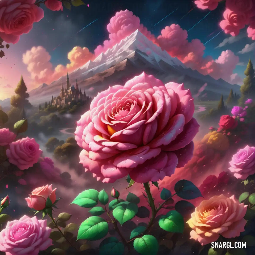 Painting of a pink rose surrounded by pink flowers and mountains in the background. Example of CMYK 1,100,55,6 color.