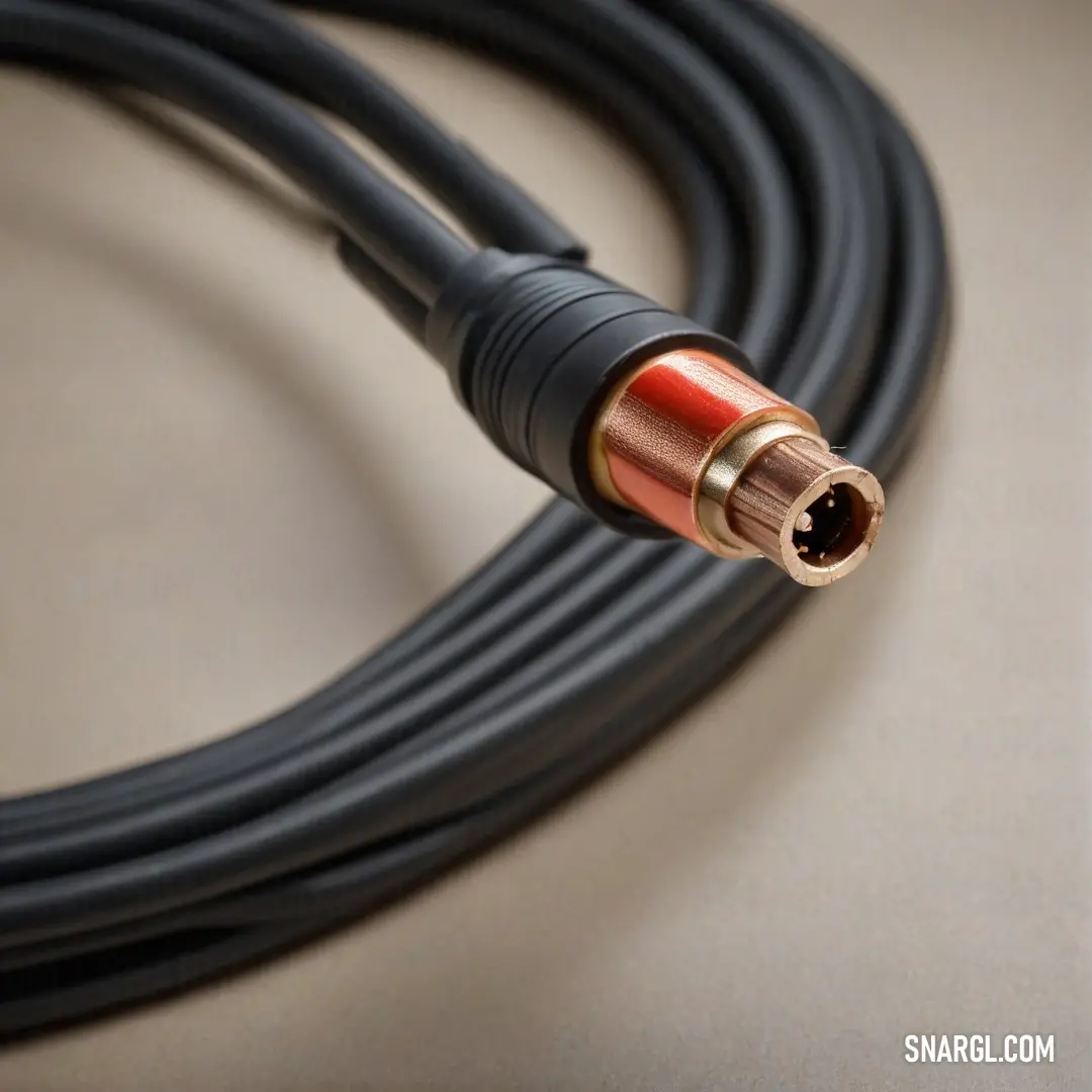 A distinctive black and red cable winds gracefully, featuring a bold red end plug and a sleek black cord. The composition highlights the harmony of color and function in this essential electronic accessory. Color representation is #CC3057.